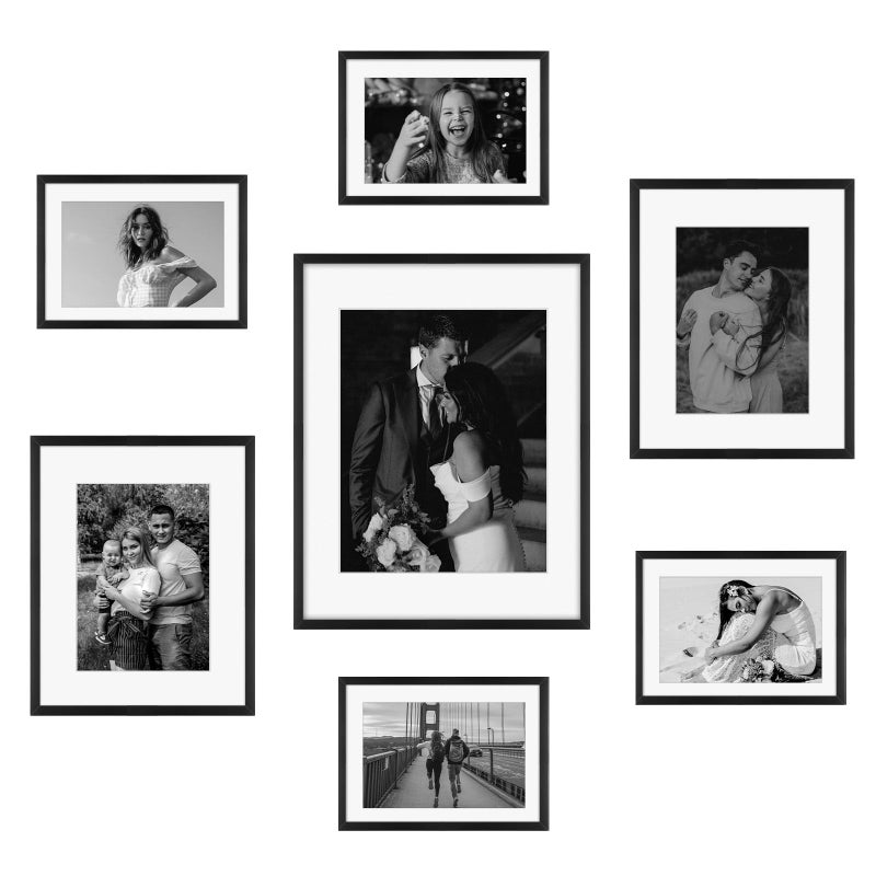 Frametory, Black Aluminum Picture Frame with Removable Mat - Set of 7 Includes Four 5x7, Two 8x10, One 11x14 - Real Glass Front - Simple Gallery Wall Frames for Art Prints and Posters - Image 1